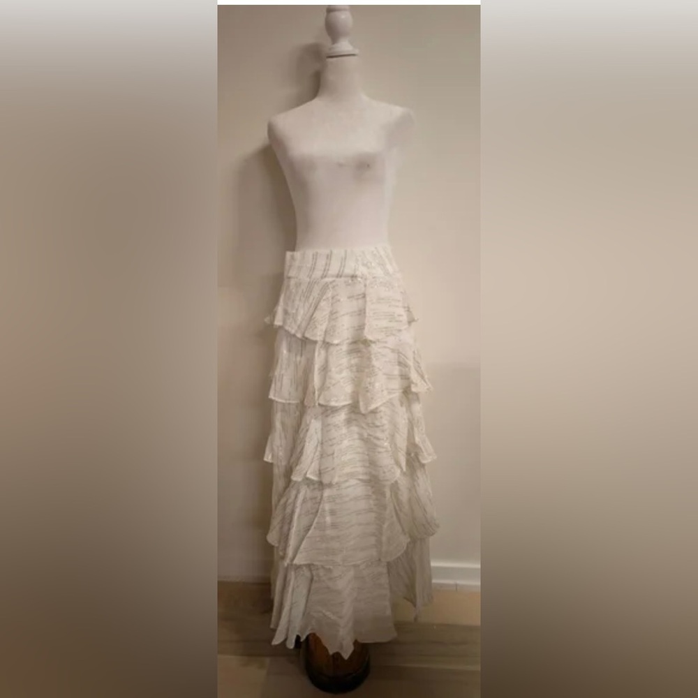 Shore Magnolia White with Gold Thread Tiered Maxi Skirt